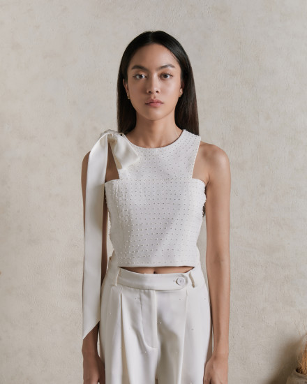 Sleeveless Tops with Beads - Offwhite