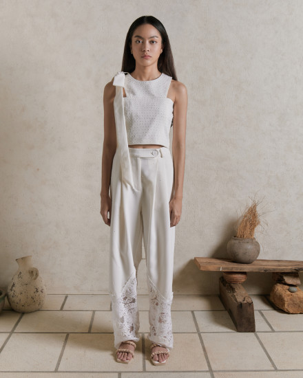 Slouchy Pants Beads with Lace Details - Offwhite