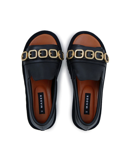 Open Toe Loafers - Black/Gold Buckles
